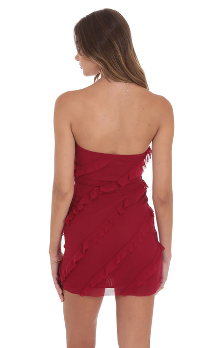 Lucy in the Sky Mesh Strapless Ruffle Dress in Red