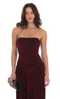 Lucy In The Sky Velvet Ruched Drop Waist Maxi Dress in Wine