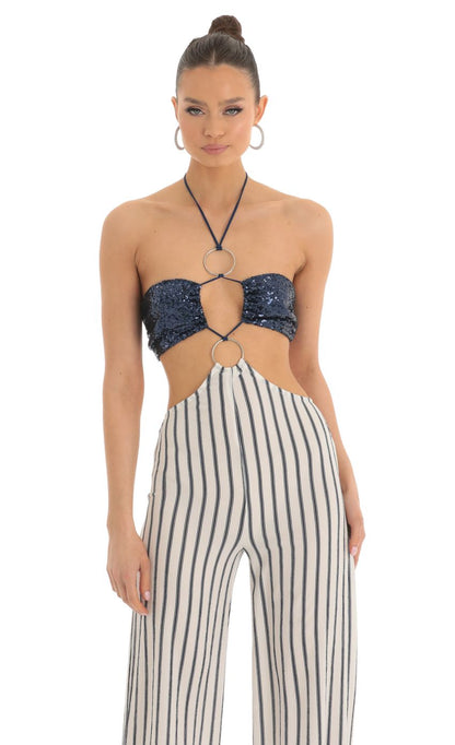 Lucy In The Sky Sequin Halter Striped Jumpsuit in White and Navy