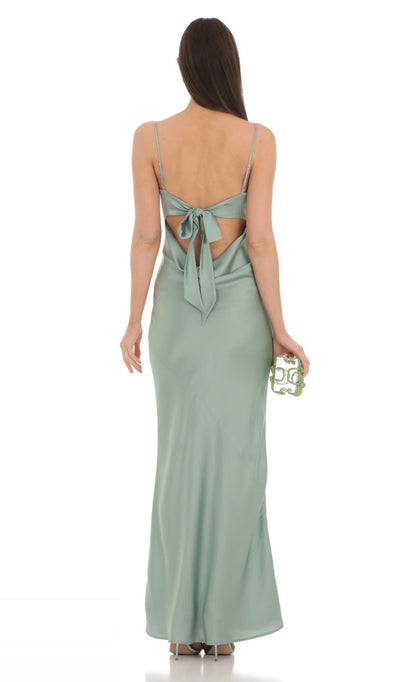Lucy in the Sky Satin Open Back Maxi Dress in Sage