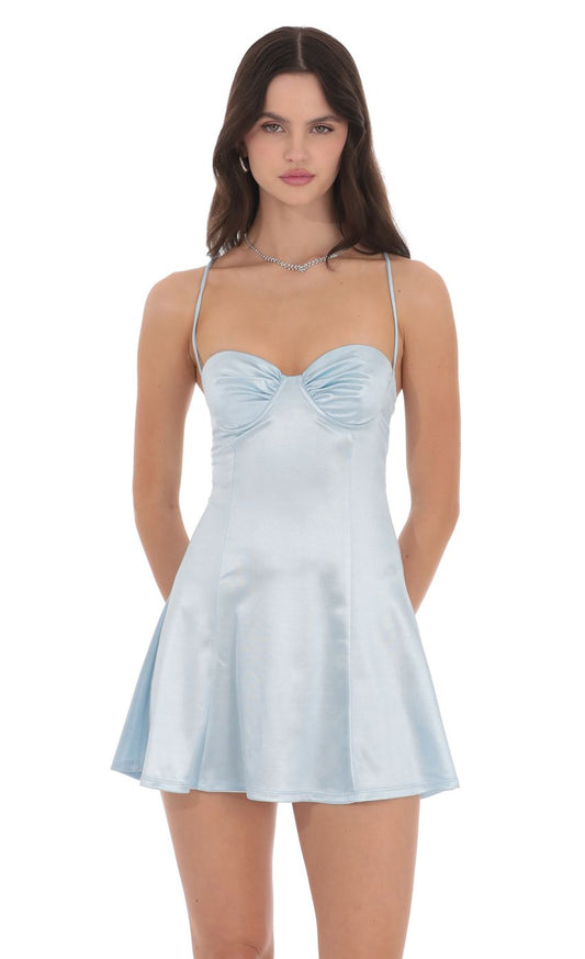 Lucy In The Sky Satin Fit and Flare Dress in Baby Blue