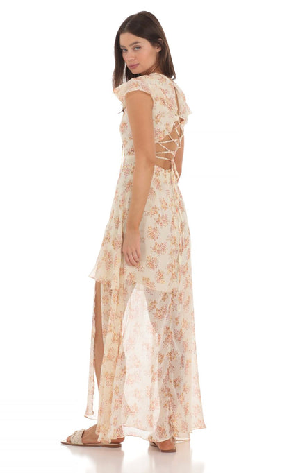 Lucy In The Sky Floral Shimmer Ruffle Dress in Yellow
