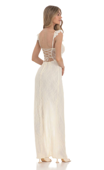 Lucy in the Sky Lace Ruffle Sleeve Maxi Dress in Cream