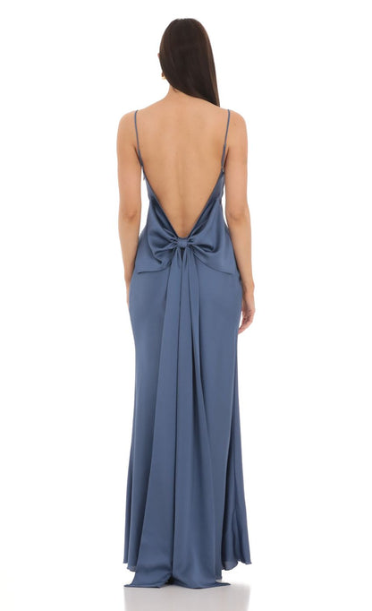 Lucy in the Sky Back Bow Satin Dress in Navy