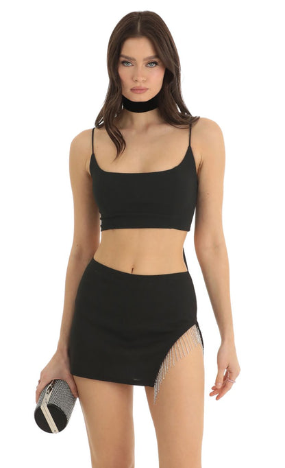 Lucy In The Sky Rhinestone Two Piece Skirt Set in Black