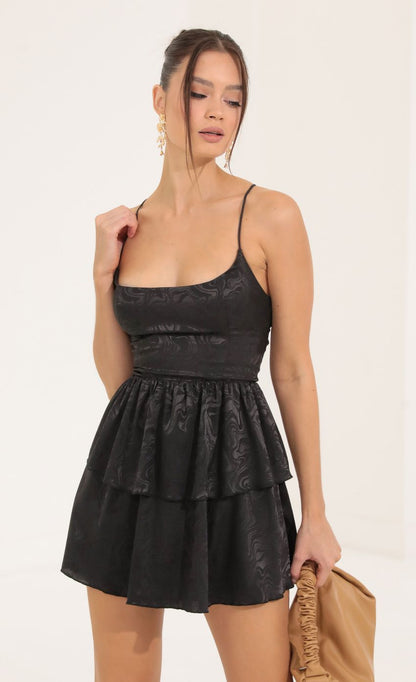 Lucy in the Sky Marble Jacquard Ruffle Dress in Black