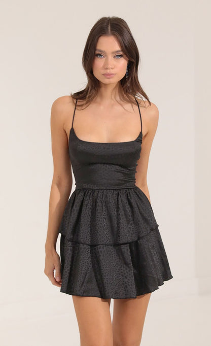 Lucy in the Sky Leopard Jacquard Ruffle Dress in Black
