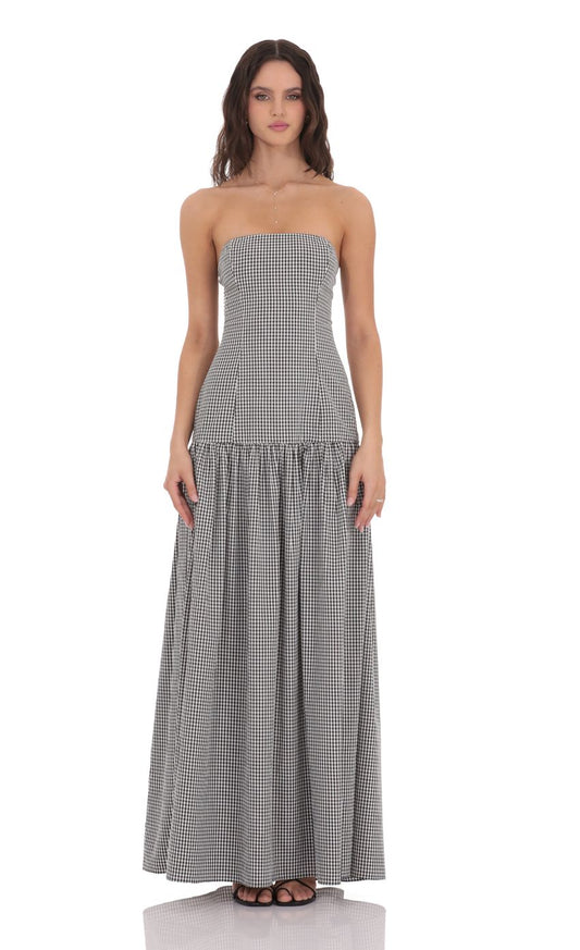 Lucy In The Sky Gingham Strapless Drop Waist Maxi Dress in Black