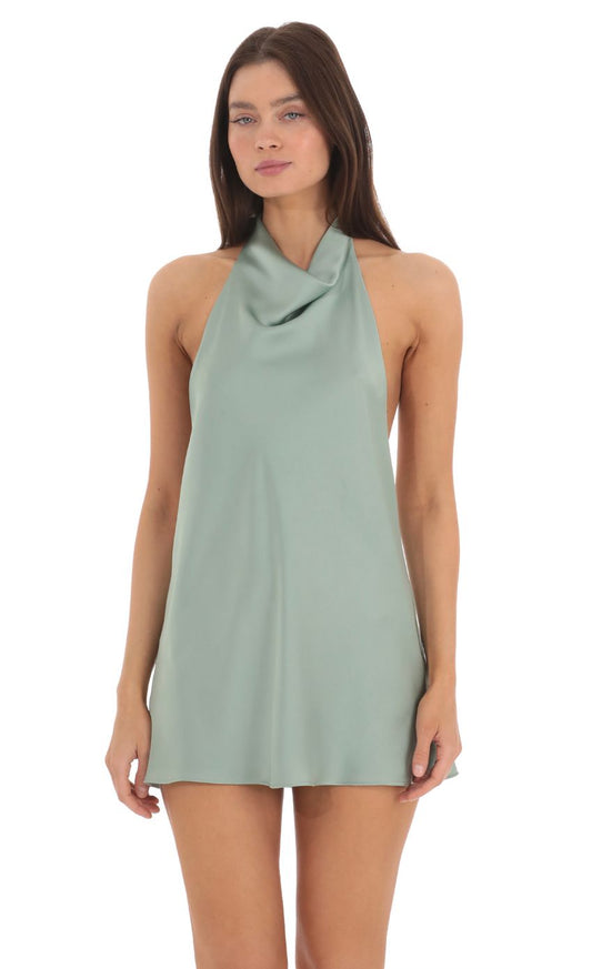 Lucy In The Sky Satin Halter Open Back Dress in Sage