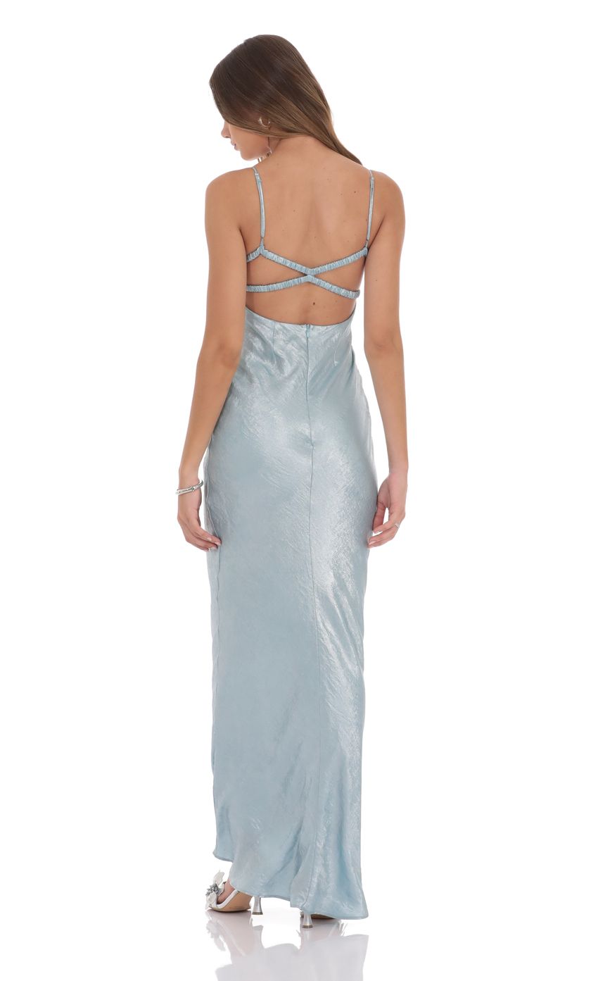 Lucy in the Sky Crinkle Satin Open Back Maxi Dress in Sky Blue