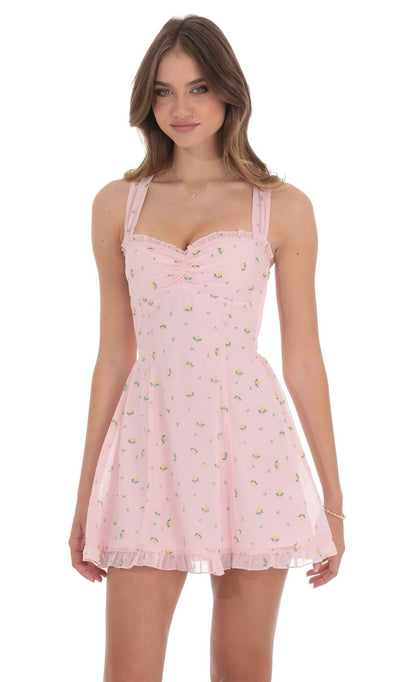 Lucy in the Sky Floral Strappy Back Bows Dress in Pink