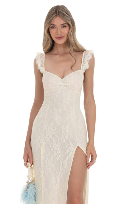 Lucy in the Sky Lace Ruffle Sleeve Maxi Dress in Cream