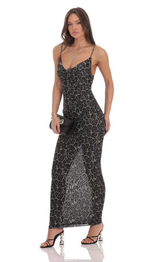 Lucy In The Sky Mesh Cowl Neck Maxi Dress in Cheetah Print