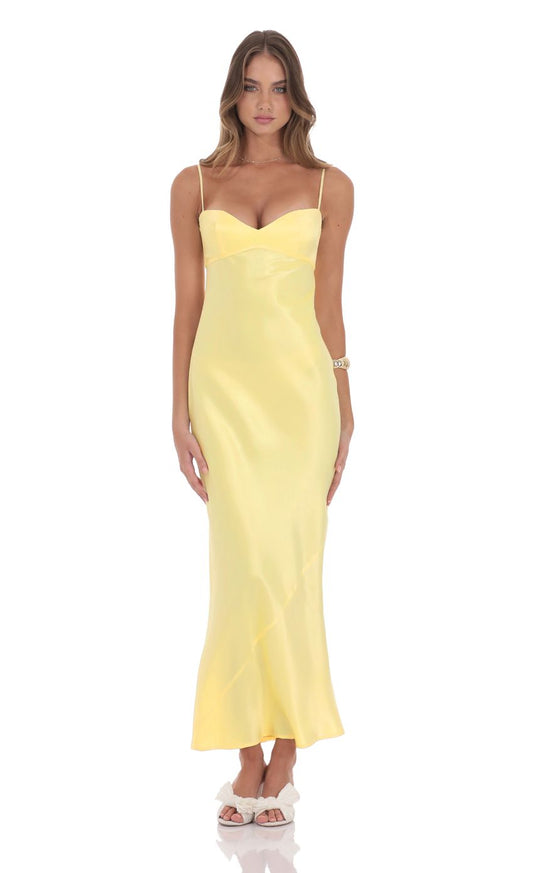 Lucy in the Sky Satin Back Tie Maxi Dress in Yellow