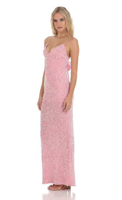 Lucy in the Sky Velvet Sequin Back Bow Maxi Dress in Pink