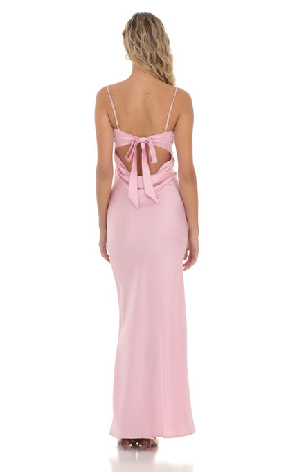 Lucy in the Sky Satin Open Back Maxi Dress in Pink