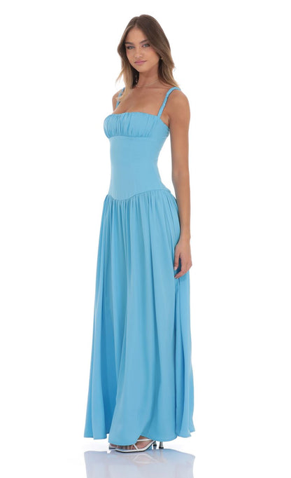 Lucy in the Sky Satin Ruched Bust Maxi Dress in Aqua Blue