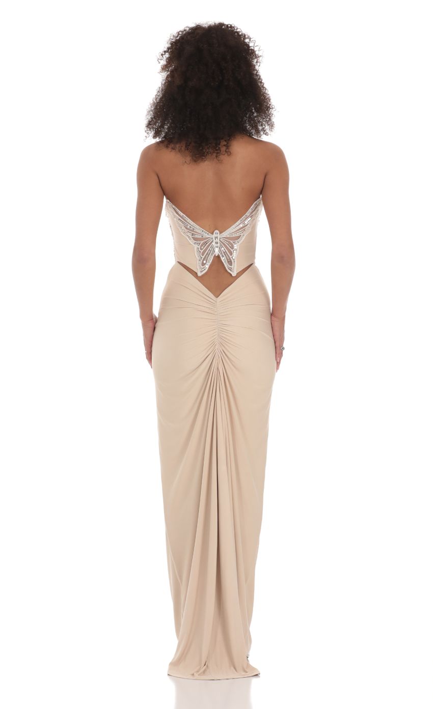 Lucy in the Sky Strapless Corset Sequin Butterfly Maxi Dress in Beige