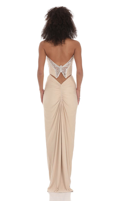 Lucy in the Sky Strapless Corset Sequin Butterfly Maxi Dress in Beige