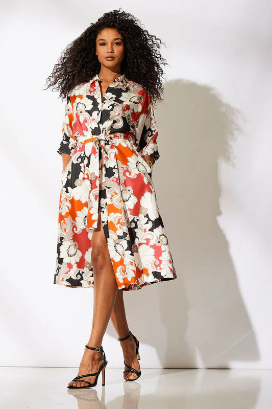 NATORI Cressida Printed Silk Twill Belted Shirtdress