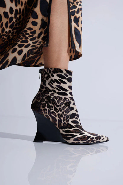 Natori Neko Luxe Leopard Satin Wedge Ankle Boot - Chestnut