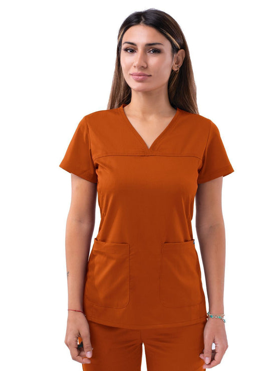 Adar Women’s Sweetheart V-neck Scrub Top - Cinnamon - Coffee - Red Ochre