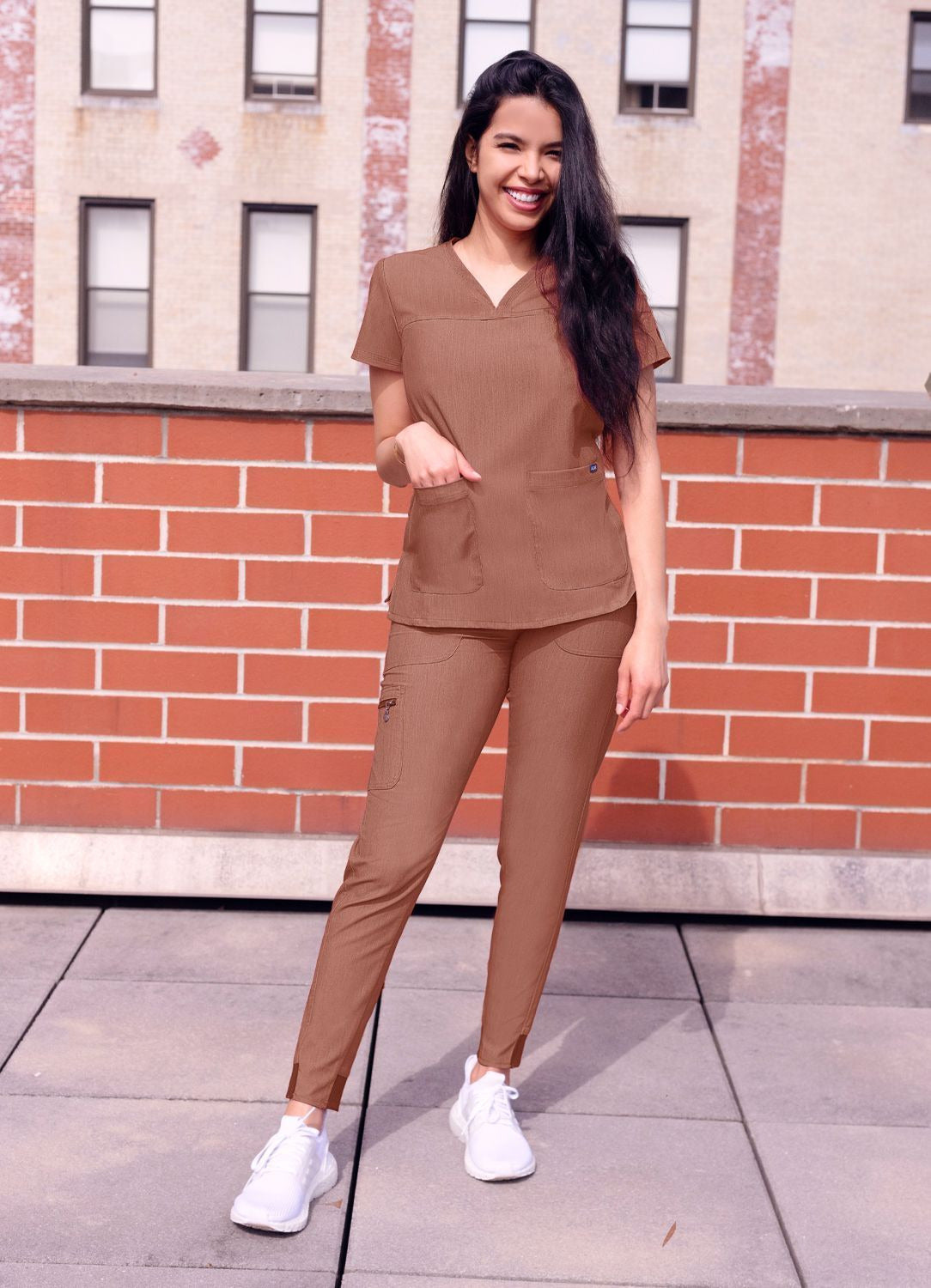 Adar Women’s Sweetheart V-neck Scrub Top - Heather Hunter - Heather Coffee - Heather Grey