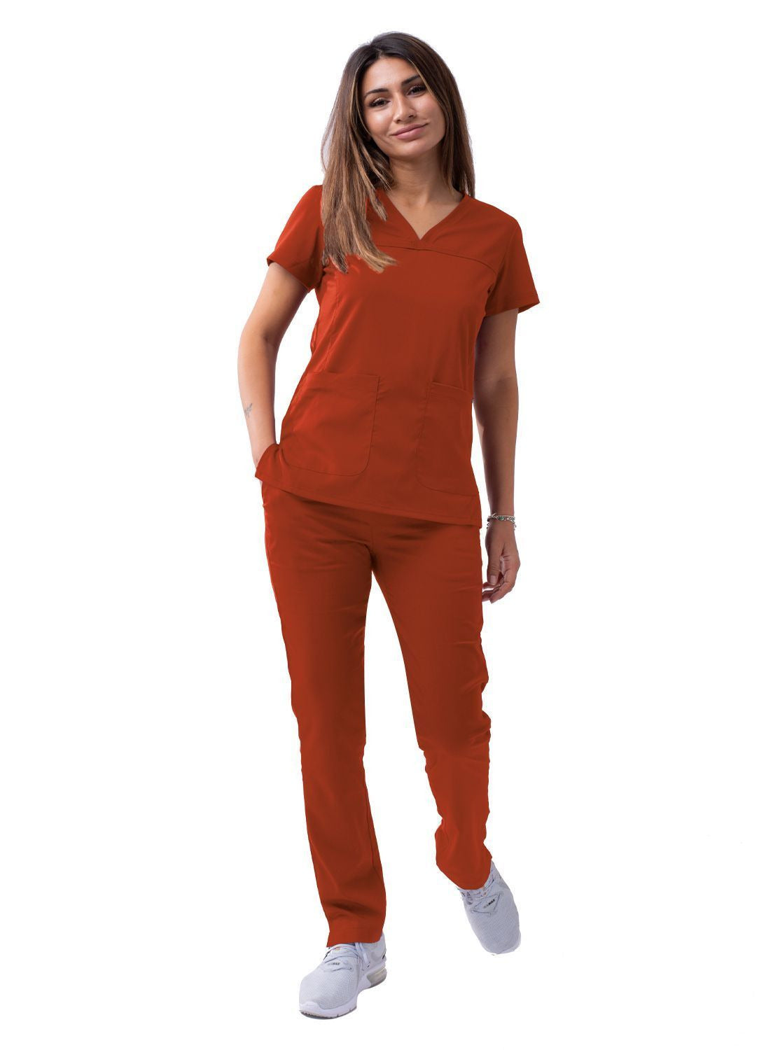 Adar Women’s Sweetheart V-neck Scrub Top - Cinnamon - Coffee - Red Ochre