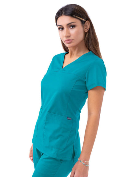 Adar Women’s Sweetheart V-neck Scrub Top - Spring Leaf - Teal Blue - White