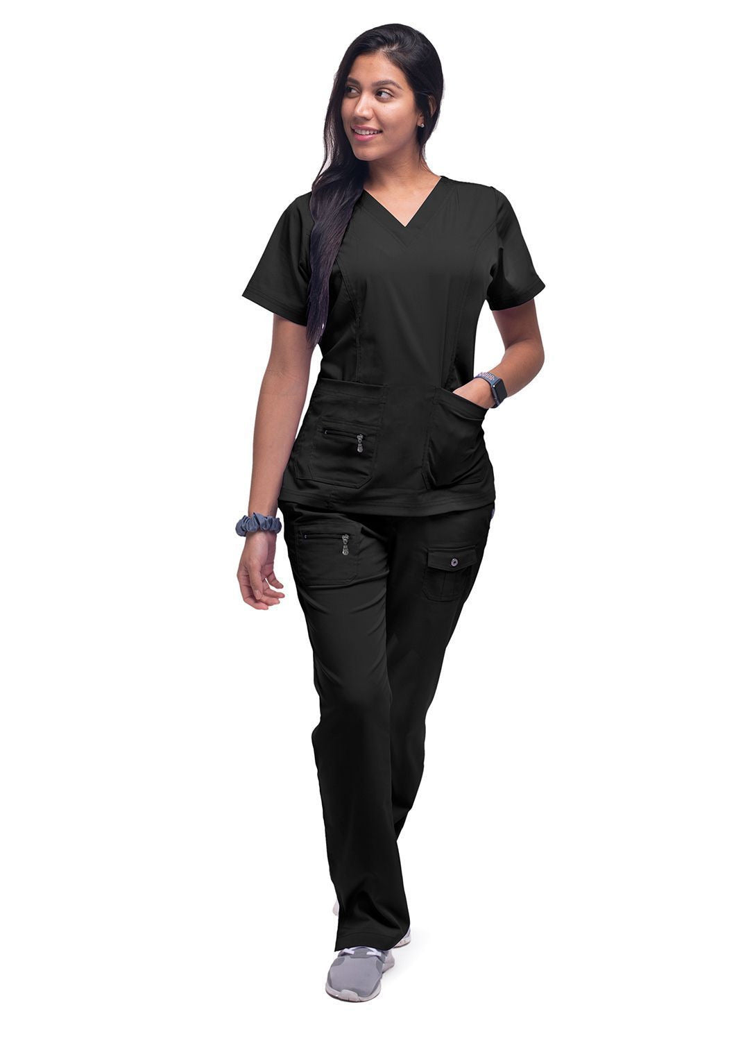 Adar Womens Elevated V-neck Scrub Top Apple - Black - Caribbean Blue
