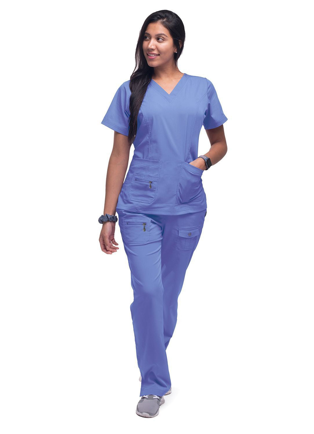 Adar Womens Elevated V-neck Scrub Top - Ceil Blue - Cinnamon - Coffee