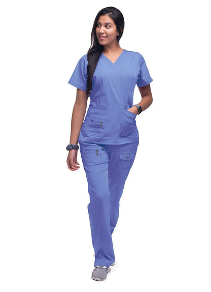 Adar Womens Elevated V-neck Scrub Top - Ceil Blue - Cinnamon - Coffee
