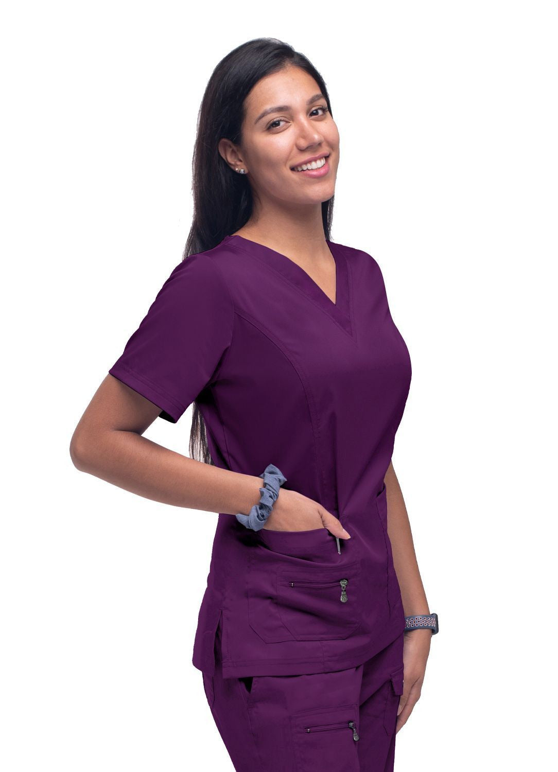 Adar Womens Elevated V-neck Scrub Top - Eggplant - Hunter Green - Navy