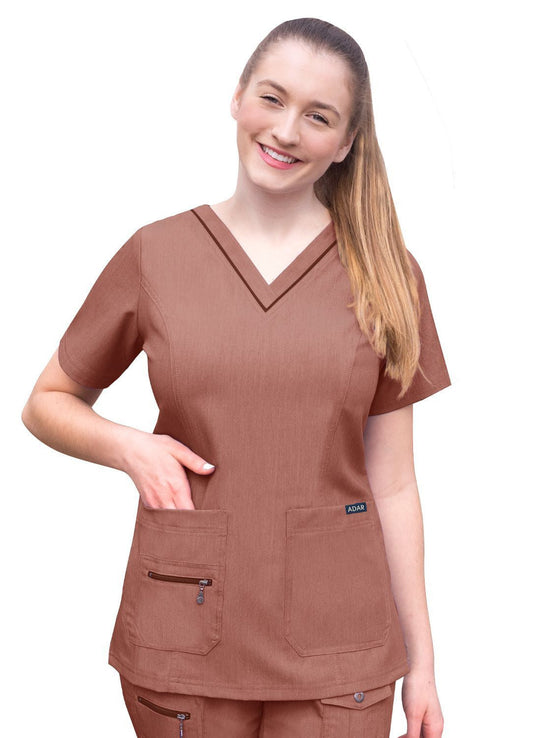 Adar Womens Elevated V-neck Scrub Top - Heather Hunter - Heather Coffee - Heather Grey