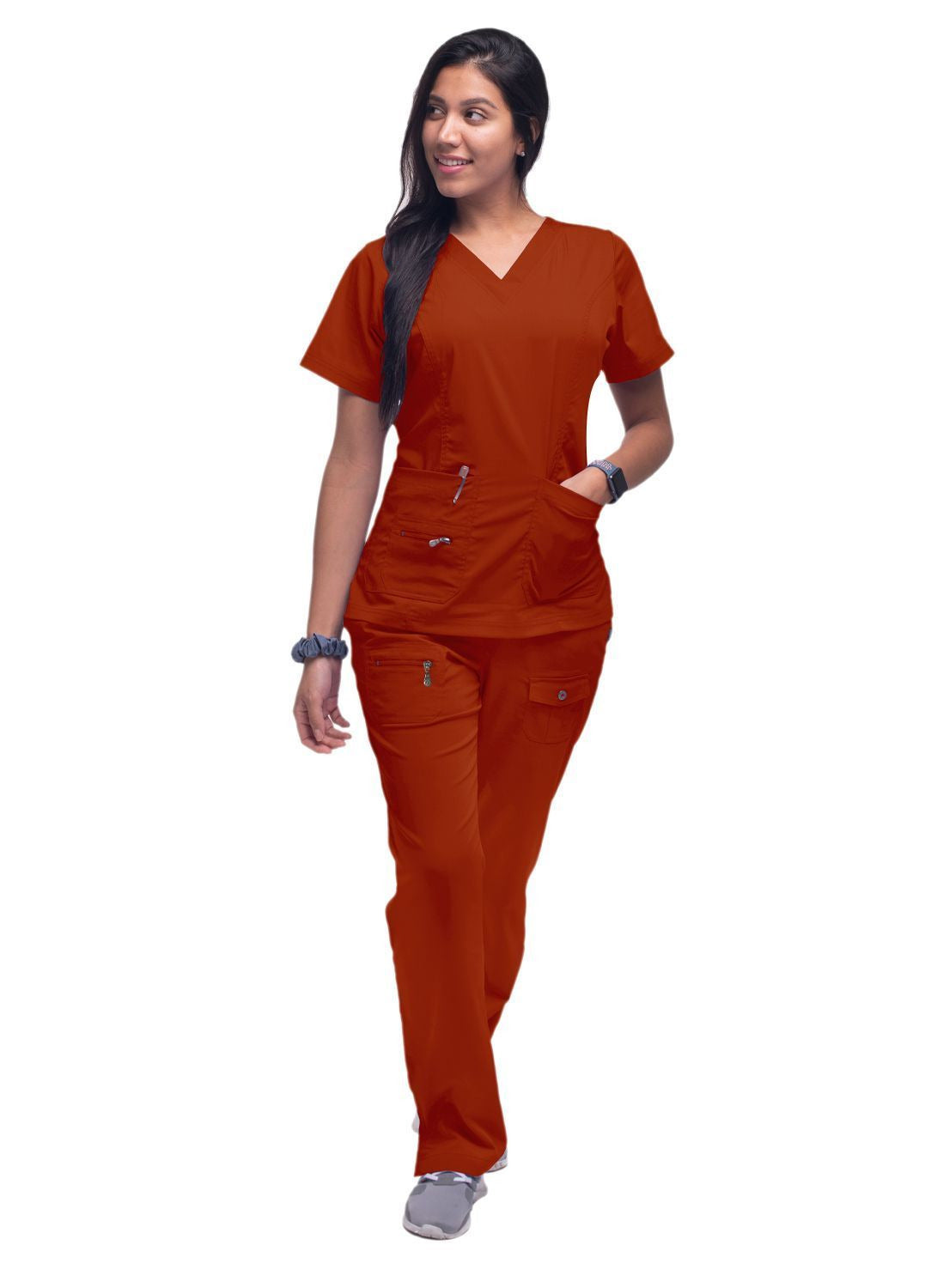 Adar Womens Elevated V-neck Scrub - Wine - Red Ochre - Wine - Spring Leaf