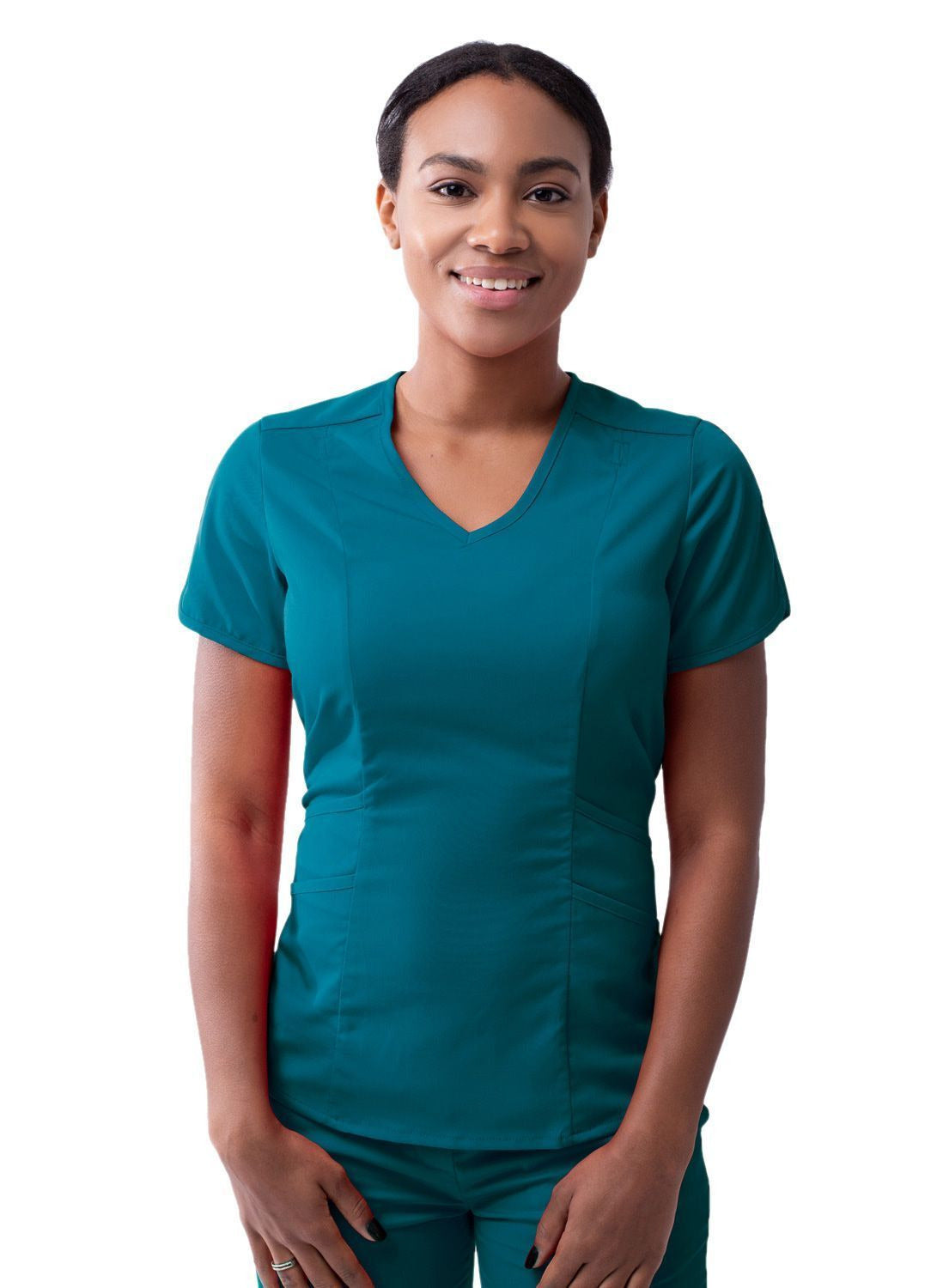 Adar Women's Modern V-Neck Scrub Top - Apple - Black - Caribbean Blue