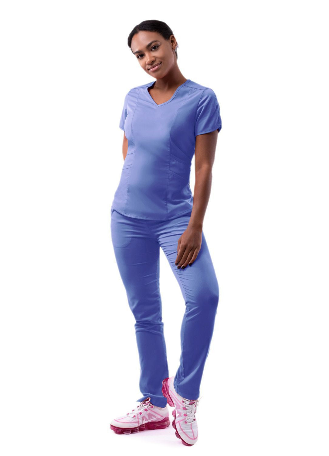 Adar Women's Modern V-Neck Scrub Top - Ceil Blue - Cinnamon - Coffee