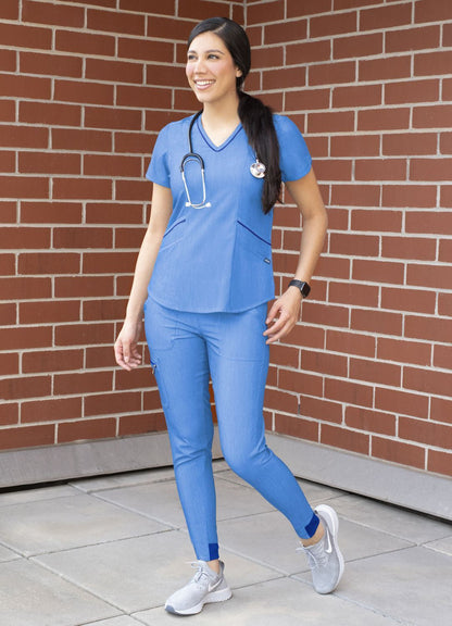 Adar Women's Modern V-Neck Scrub Top - Heather French Blue - Heather Grey