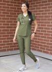 Adar Women's Modern V-Neck Scrub Top - Heather French Olive - Heather Wine