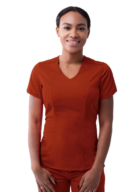 Adar Women's Modern V-Neck Scrub Top - Red Ochre - Royal Blue - Spring Leaf