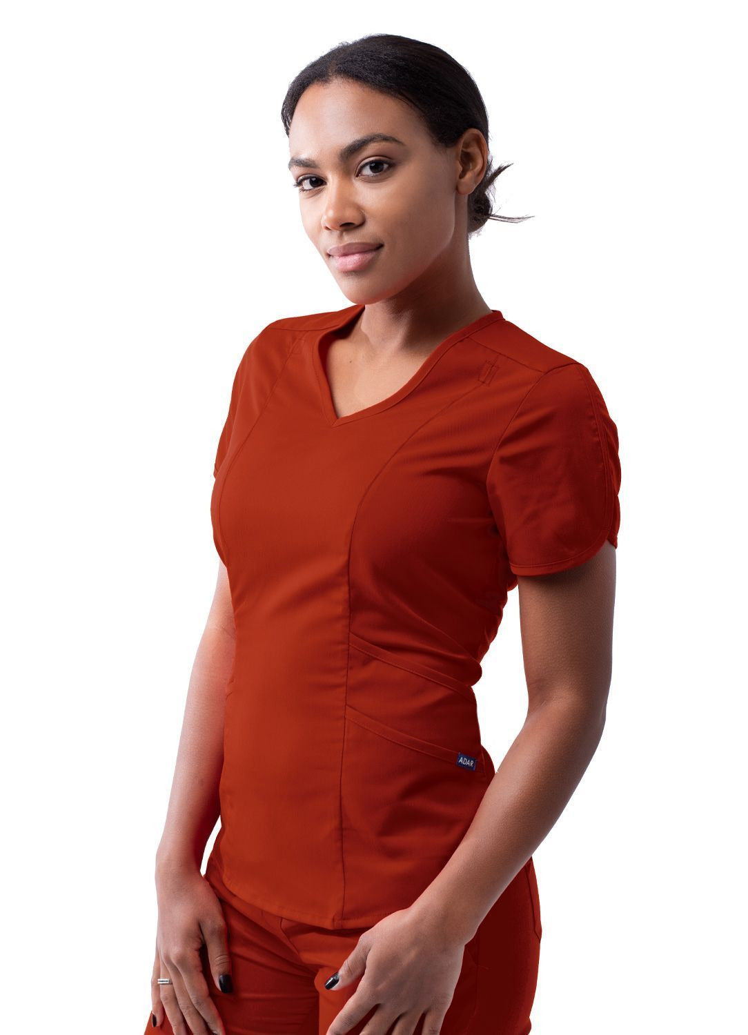 Adar Women's Modern V-Neck Scrub Top - Red Ochre - Royal Blue - Spring Leaf