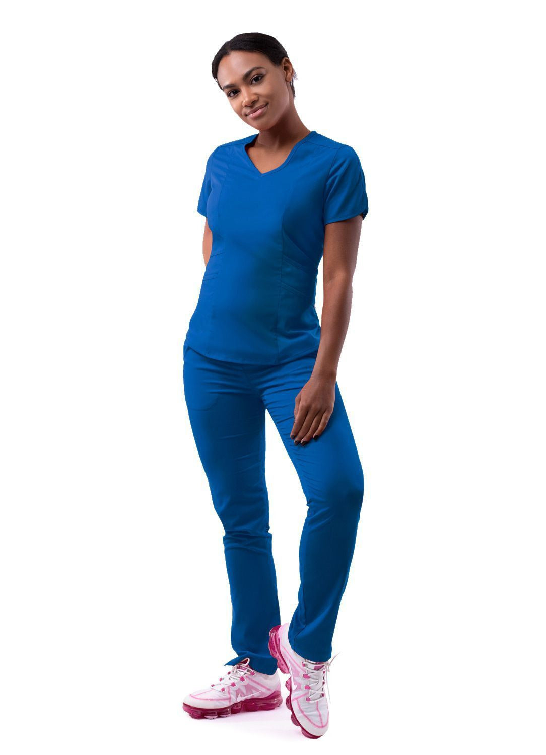Adar Women's Modern V-Neck Scrub Top - Red Ochre - Royal Blue - Spring Leaf