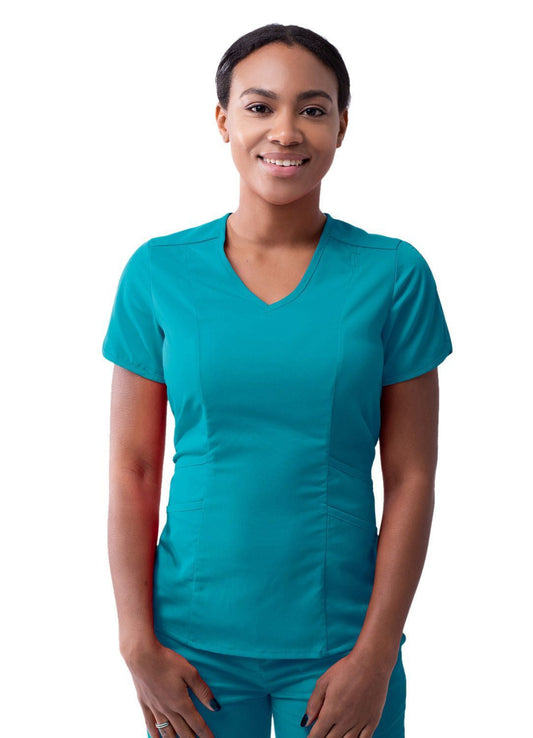 Adar Women's Modern V-Neck Scrub Top - Teal Blue - White - Wine