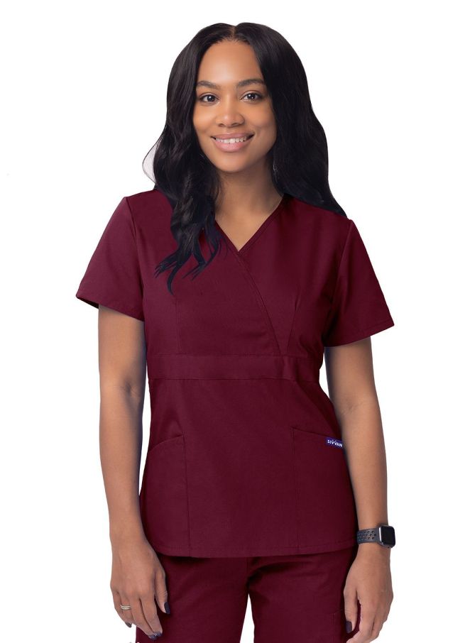 Adar Women’s Mock Wrap Top - Black -Burgundy - Caribbean Blue
