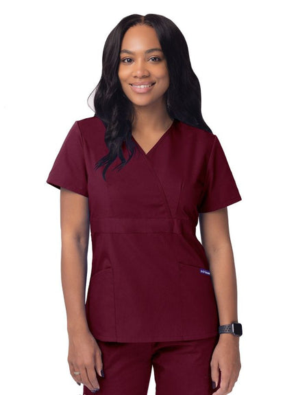 Adar Women’s Mock Wrap Top - Black -Burgundy - Caribbean Blue