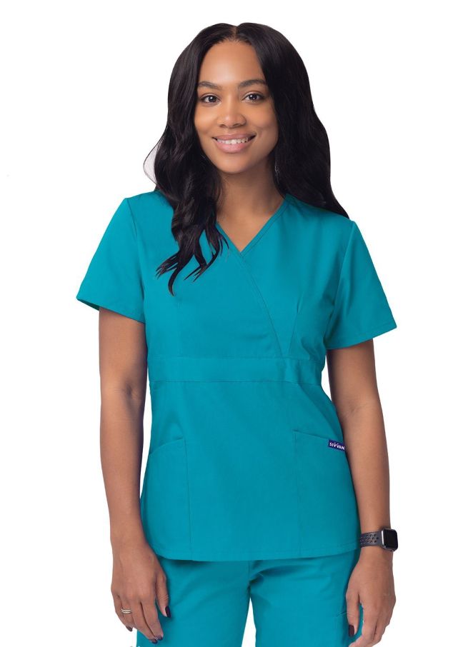 Adar Women’s Mock Wrap Top - Teal Blue - White - Sherbet