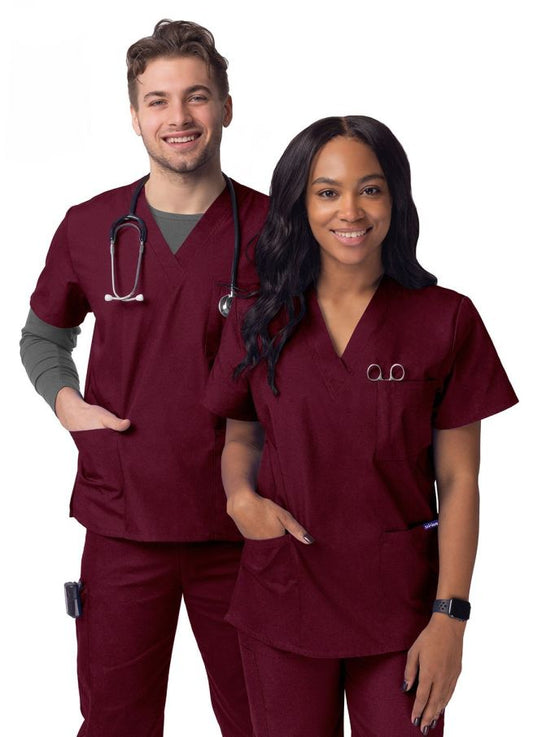 Adar Unisex V-Neck 3 Pocket Top - Burgundy
