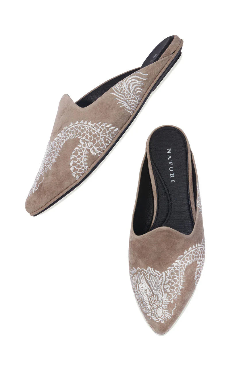 Natori Image Suede Dragon Embroidery Slide - Sandstone Suede