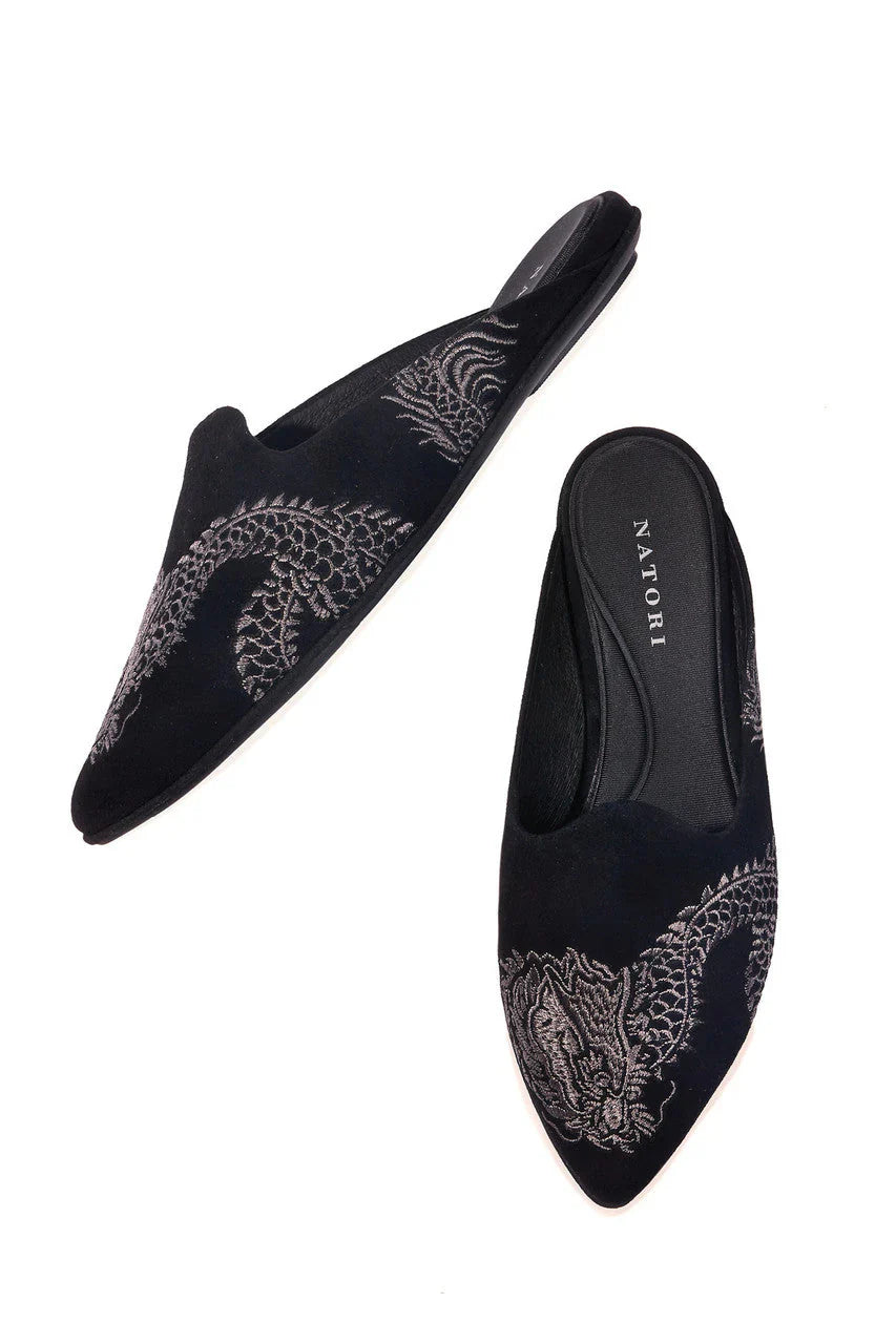 Natori Image Suede Dragon Embroidery Slide - Black Suede