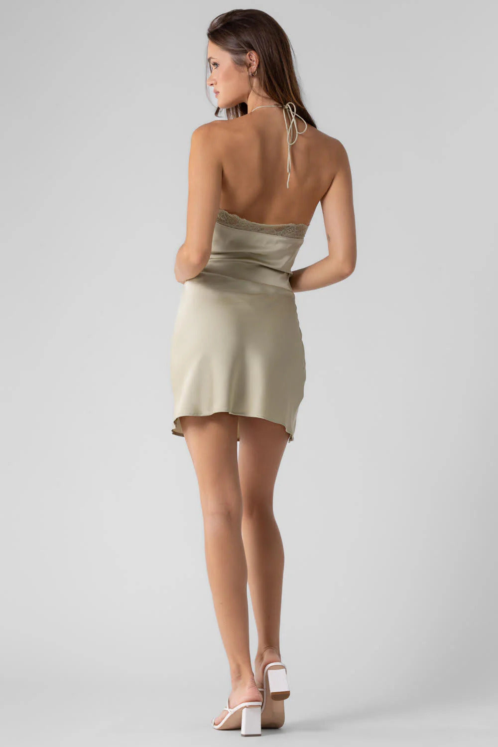 Ruby & Jenna Women's Satin halter Lace trim Mini Dress